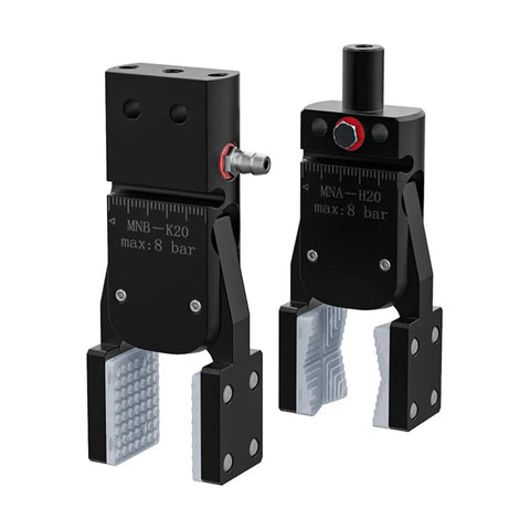 MiniA H And MiniAk Series Wideband Magnetic Pneumatic Water Nozzle Arm Fixture Gripper Clip for Pro Grade Heavy Duty Precision Micro Robot Assembly and Tooling MiniAk50 for Automation, front view showing nozzle and gripper.