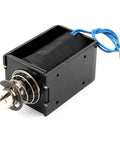 24V DC Solenoid Electromagnet for Opening Frame, Pull Push Type, Model JF-1578B, 8A Current, Beefy 5 Kg Pull Force, compact black metal plastic solenoid with blue leads