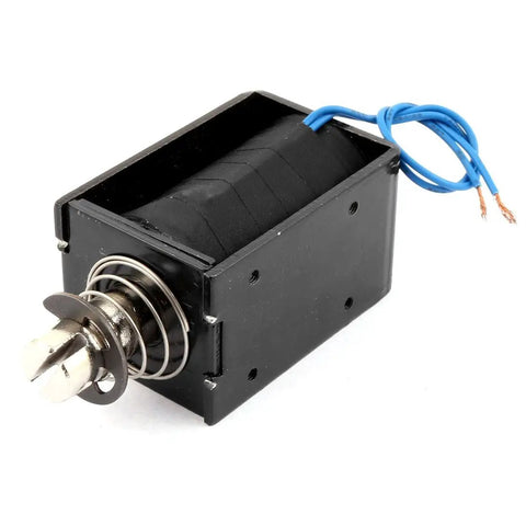24V DC Solenoid Electromagnet for Opening Frame, Pull Push Type, Model JF-1578B, 8A Current, Beefy 5 Kg Pull Force, compact black metal plastic solenoid with blue leads