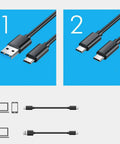 Rock Solid M.2 NVMe 2230 SSD Enclosure Tool Free External Hard Drive Case showing USB A to USB C cables for data transfer.