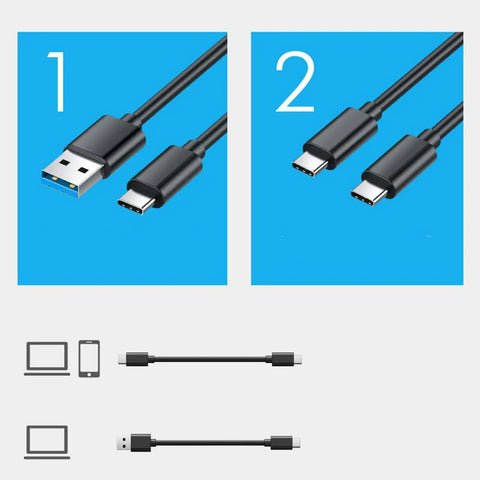 Rock Solid M.2 NVMe 2230 SSD Enclosure Tool Free External Hard Drive Case showing USB A to USB C cables for data transfer.