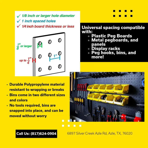 Pegboard Bins Set Of Six Large Seven Inch And Six Medium Five Inch Bins For Organizing Tools And Hardware On Pegboard Fits Standard One Quarter Inch Holes On One Inch Centers Black For Home Shop Garage And Crafts Keepin It Tidy displayed on a workshop wall
