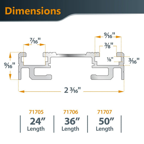 Dimensions of Built Tough Straight Edge Guide Set For Circular Saw Router And Jigsaw with 24, 36, 50 inch options.