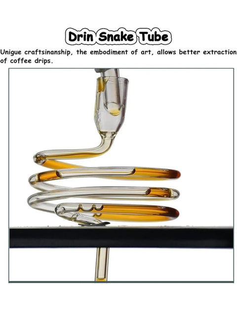 Chill Out Daily With This Sleek Cold Brew Drip Tower Ice Coffee Maker Featuring Smooth Slow Drip Tech And A Killer Thirty Five Ounce Batch Capacity Perfect For Lazy Weekend Sippers In Heat Resistant Borosilicate Glass And Rustic Oak Wood Frame, showcasing the Drin Snake Tube for efficient coffee extraction.