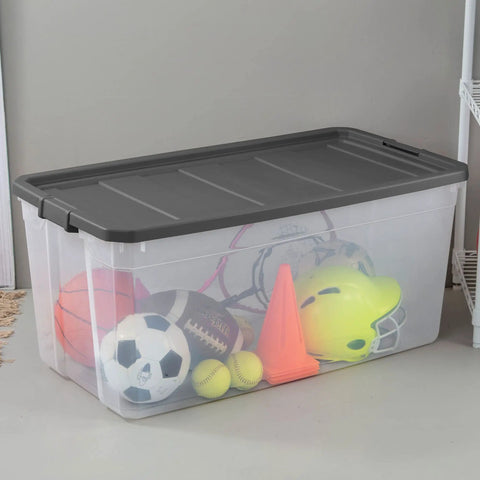 200 Quart Clear Plastic Modular Stacker Storage Bin Tote With Latching Lid Clear Base And Textured Sure Grip Surface In Flat Grey