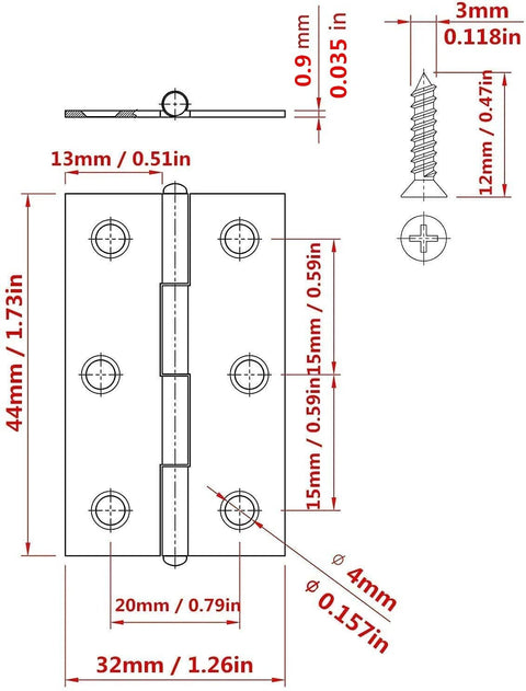 Front view of 20-piece stainless steel folding hinge set for doors and windows, 2-inch hinges with 120 screws