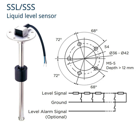 Diesel Fuel Water Level Sensor With Reed Switch, Eight Point Five Inch Sending Unit, SAE Five Hole Mount, Nonlinear Output, Standard American Output 240 To 30 Ohm, 12V To 24V Operation, Includes Gasket And Screws.
