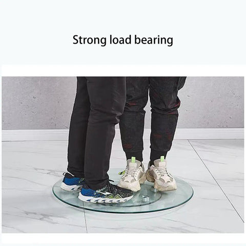 Tempered Glass Lazy Susan Turntable For Dining Tables demonstrating strength with people standing on it.