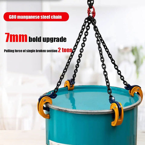Heavy Duty Chain Drum Lifter With Rock Solid Grab Hooks For Forklifts And Self Locking 2 Ton Sling For 55 Gal Metal Or Plastic Barrels, 7mm thick chain.