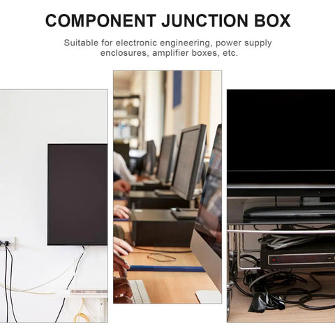 Get These Rad 2pc Black Plastic Junction Boxes For Your Dope Electronic Projects, shown in various electronic setups.