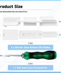 Image of Sliding Shower Door Bottom Guide 1/2 Inch By 9/16 Inch By 3 1/8 Inch Two Pack with screwdriver, showing dimensions.