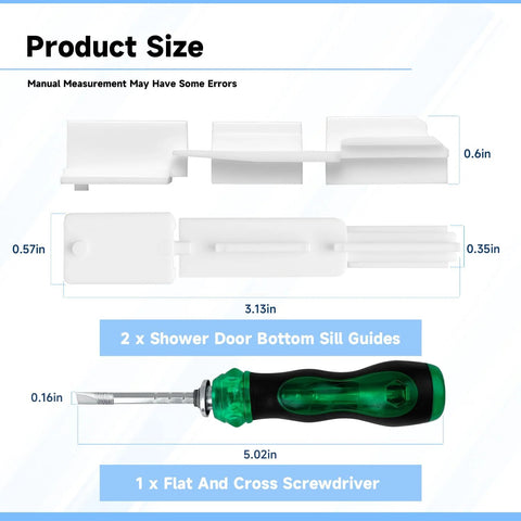 Image of Sliding Shower Door Bottom Guide 1/2 Inch By 9/16 Inch By 3 1/8 Inch Two Pack with screwdriver, showing dimensions.