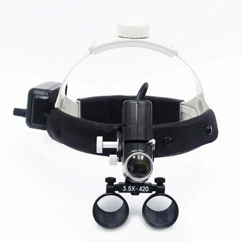 Front view of All Purpose 5W Rechargeable Headband LED Headlight With 3.5X Binocular Loupe, High Intensity Spotlight, Leather Strap Headlamp, Easy Brightness Adjustments, Rechargeable Battery Or AC Power, DY-106
