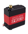 Beefy 20Kg Torque RC Servo Motor With 25T Horn, Dual Ball Bearings, shown in black aluminum case for RC cars and robots
