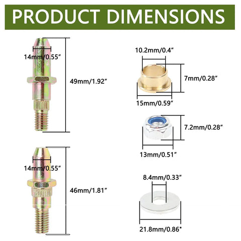 Dimensions of Door Hinge Pin And Bushing Repair Kit For Chevy GMC Trucks And SUVs 1999 2007 showing pins, bushings, washers, nuts