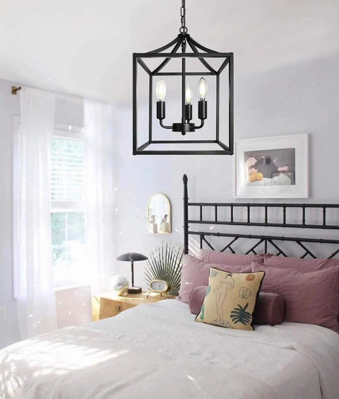 Plug In Black Farmhouse Pendant Chandelier With Dope Industrial Rustic Vibe 3 Light Fixture On A 16.8 ft Hanging Cord over bed