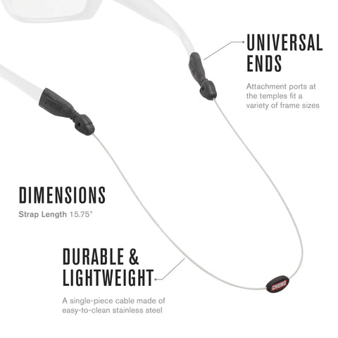 Lightweight Stainless Steel Cable Eyewear Retainer with universal ends and 15.75" length shown with durable design highlights.