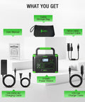 Portable Power Station 519Wh Solar Generator with cables, manual, and storage bag