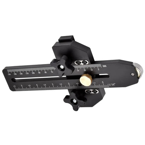 Super Cool Fast Ripping Table Saw Jig Guide For 3/8 In X 3/4 In Slot With Smooth Roller Limiter For Accurate Woodworking, close-up view showing adjustable scale.