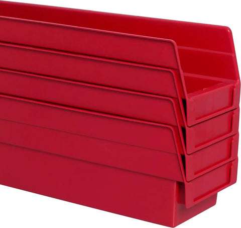 Heavy Duty Plastic Shelf Bins Stackable For Garage Closet And Drawer Organization In Red 18 Inch By 4 Inch By 4 Inch Durable Storage Containers For Shelves Cabinets And Under Sink 12 Pack