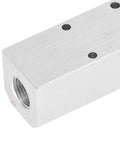 Close-up of Heavy Duty Aluminium Pneumatic Manifold Block with Leakproof Sealing for Factory Use, 40x40mm size, visible G1/2 inlet.