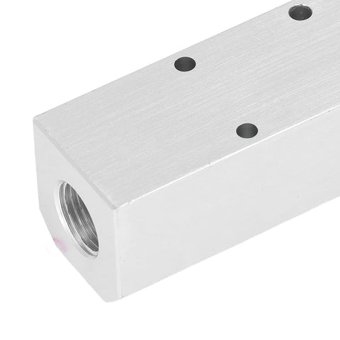 Close-up of Heavy Duty Aluminium Pneumatic Manifold Block with Leakproof Sealing for Factory Use, 40x40mm size, visible G1/2 inlet.