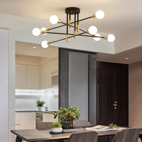 Mid Century Modern Chandelier Ceiling Light Fixture with Black and Gold Finish, Industrial Pendant in dining room