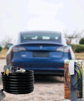 Beefy 25 Foot Welder Extension Cord 220V 40A 8 Gauge NEMA 6 50 with lighted end shown coiled next to blue car