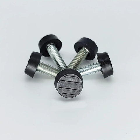 Screw In Threaded Leveling Foot Set, One Quarter Inch By Twenty Threads Per Inch, Ten Pcs with black base and silver threads