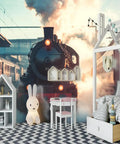 Self-Adhesive Train Wall Mural With Realistic Steam Locomotive, Huge 157.5 X 110.3 Inch Size, 3D Depth Embossed Texture in kids room