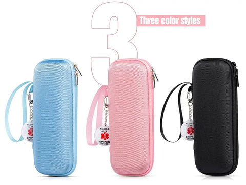 Travel Ready Medical Carrying Case For Allergy On The Go Kit Fits Two Auto Injectors And Inhaler Keeps Meds Cool With Ice Pack Includes Antihistamines And Essentials NFC Programmable Medical Warning Tags Pink, shown in pink, blue, and black