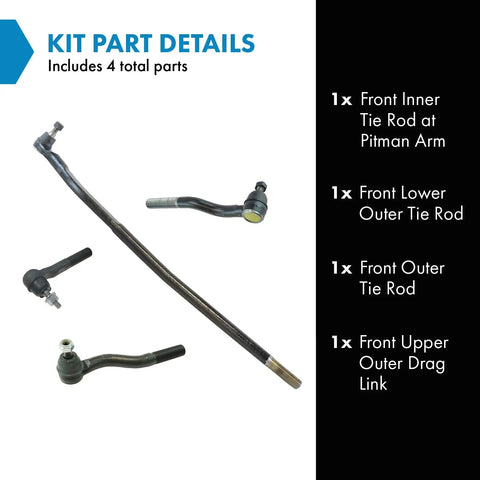 Front Driver And Passenger Side Steering Kit With Inner And Outer Tie Rods Drag Link Pitman Arm For Complete Front End Replacement And Easy Install showing 4 parts