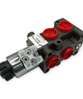 6-Port Solenoid Diverter Valve 2-Position 6-Way for Hydraulic Systems, Go-To Flow with 12V DC Coil, red caps visible