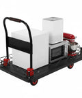 2 In 1 Silent TPR Wheels Hand Truck With Steel Wire Fence And Large Platform For Heavy Duty Hauling, Converts From Flat Cart To Caged Carrier, Easy Maneuver, Durable Steel Frame For Home, Shop, And Job Site. Black steel cart with cage carrying appliances