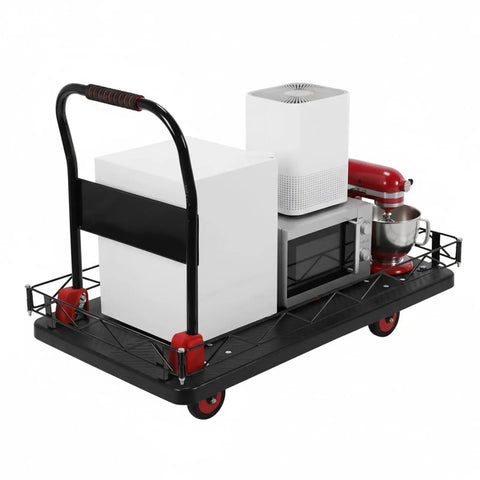 Rock Solid Heavy Duty 2 In 1 Folding Platform Cart With Silent TPR Wheels Detachable Wire Fence No Sweat Hauling Utility Dolly used to transport appliances.
