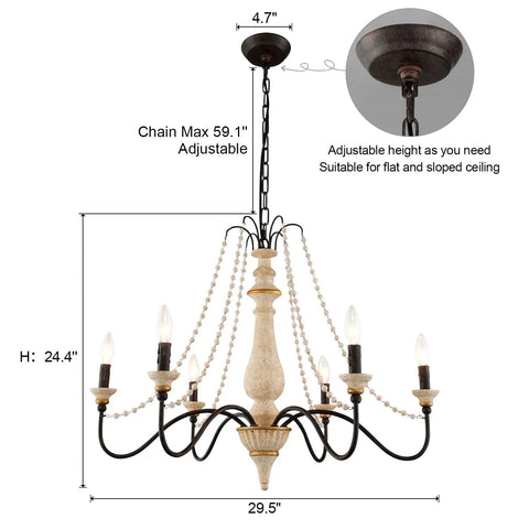 French Country Farmhouse Six Light Chandelier With Wood Bead Accents For Dining Room Living Room And Bedroom, 29.5 Inch Diameter