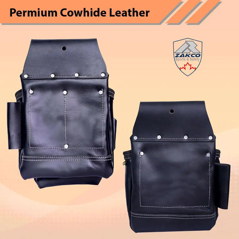 Pro Style Leather Tool Rig For Framers And Handymen With 2 Pouches And Hammer Holder in black leather, front view