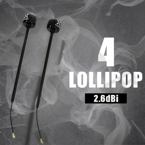 Two UFL IPEX FPV Lollipop Antenna 4 RHCP 5.8GHz 2.6dBi 165mm long, black, with cables, on a grey background.