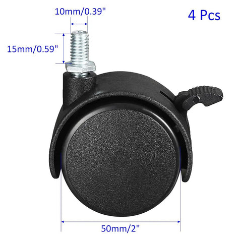 Heavy Duty 4 Pack 2 Inch Black Nylon Swivel Twin Wheel Caster Set With M10 Threaded Stem, close-up view of one caster with measurements.