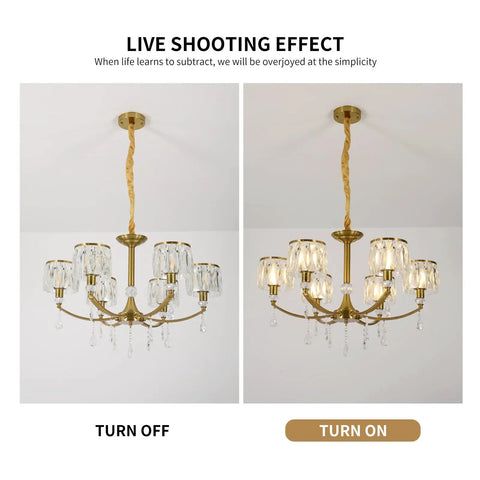 Gold Wagon Wheel Chandelier With 6 Lights, Clear Crystal Shades, Nordic Modern Mid Century Hanging Pendant Light Fixture, E12 Base
