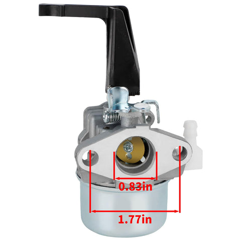 Front view of Briggs Stratton Carburetor Replacement 696065 with dimensions for Troy Bilt Craftsman Tillers and Intek Engines 5HP to 7HP.