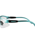 Side view of Cougar Womens Lab Safety Glasses With Turquoise Frames And Clear Lenses, Shatterproof Polycarbonate Lenses Meet Z87.1 ANSI Standards