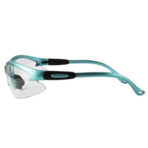 Side view of Cougar Womens Lab Safety Glasses With Turquoise Frames And Clear Lenses, Shatterproof Polycarbonate Lenses Meet Z87.1 ANSI Standards