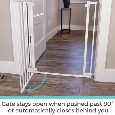 Ninja Level Heavy Duty Auto Close Baby Gate Featuring Hella Low Half Inch Threshold with 90° open and close mechanism.