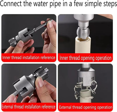 Heavy Duty Pipe Thread Cutting Tool Kit For PVC With Internal External Tap And Die Set Compatible With Electric Drill DN15 12 Inch And DN20 34 Inch Sizes Great For Home Repair Projects Dual Function Design Ensures Fast Precise Threading Effortlessly showing inner and outer thread operations.