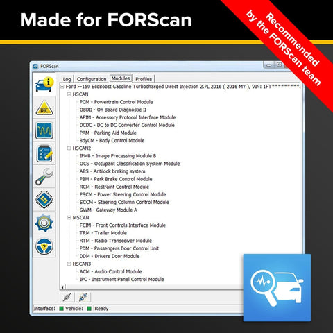 ForScan Ready OBD Adapter With Ford Diagnostics And CAN Bus Access Pro Grade ForScan Compatibility displayed on software screen