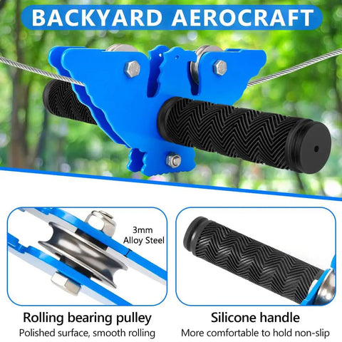 Close-up of Backyard Zip Line Kit For Kids And Adults 65 Feet With 60mm Swing Seat Steel Trolley showing alloy steel pulley.