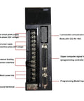 Rear view of 220V AC servo drive module with screw-terminal block and two DB-9 connectors.
