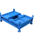Built Like A Tank Heavy Duty Steel Storage Cage With Collapsible Stackable Design showing blue collapsible cage for workshop use.