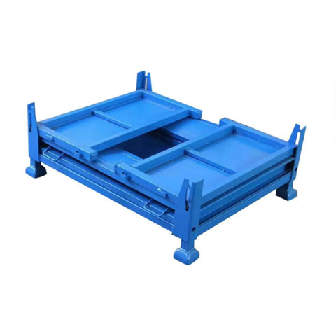 Built Like A Tank Heavy Duty Steel Storage Cage With Collapsible Stackable Design showing blue collapsible cage for workshop use.